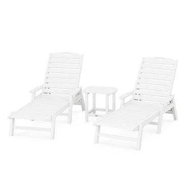 POLYWOOD Nautical 3-Piece Chaise Lounge W/Arms Set W/South Beach 18 Inch Side Table - White